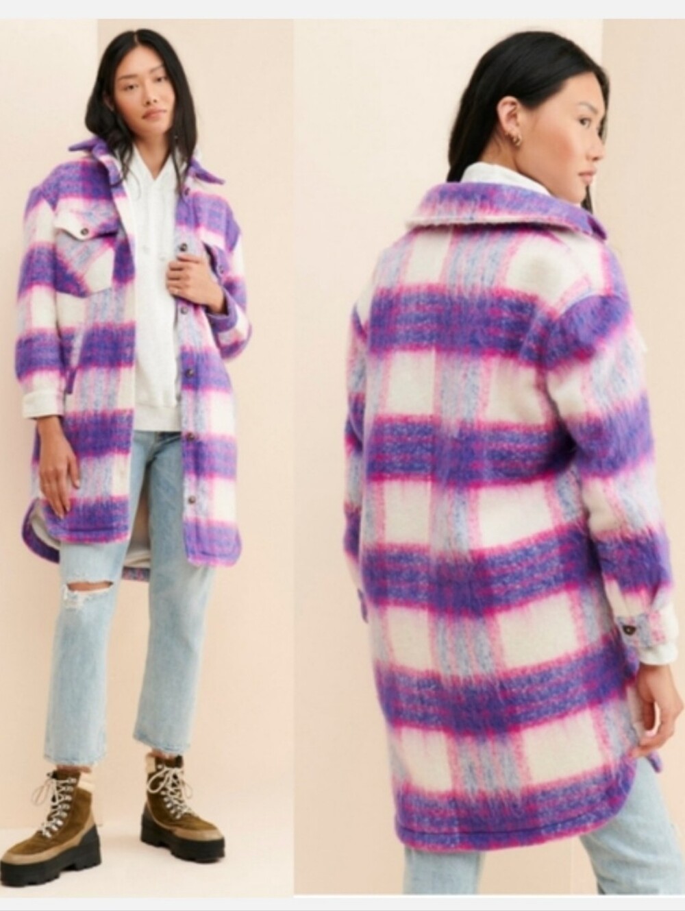 Blank NYC Prime Time Shacket Long Coat Purple Plaid Small New Women's